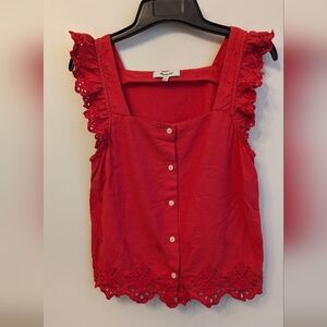 Madewell Eyelet Ruffle Sleeve Button up Top Linen Blend Red Size XS